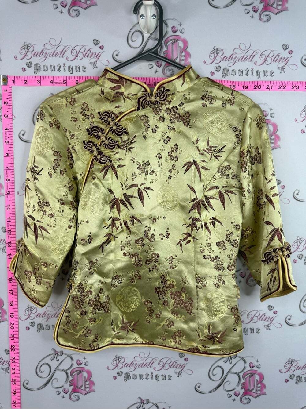 Silk top blouse Gold Mandarin Collar shiny Floral Top